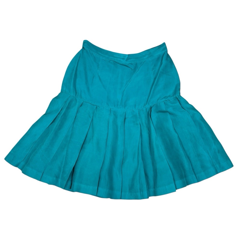 Ann Tjian Kenar 100% Silk Pleated Skirt Women's 8 Teal Vintage 90's‎